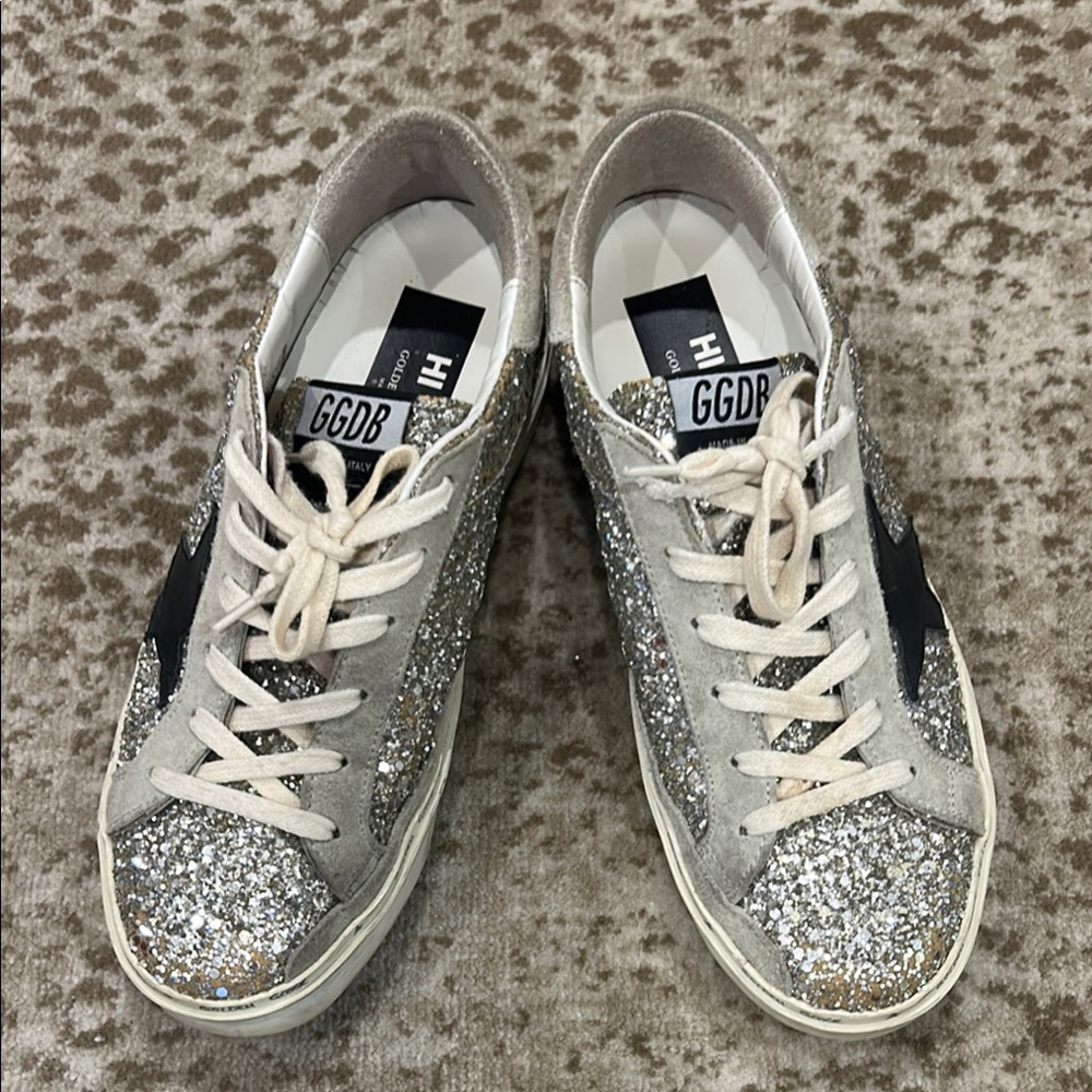 Golden Goose Silver and Gray Glitter Sneakers